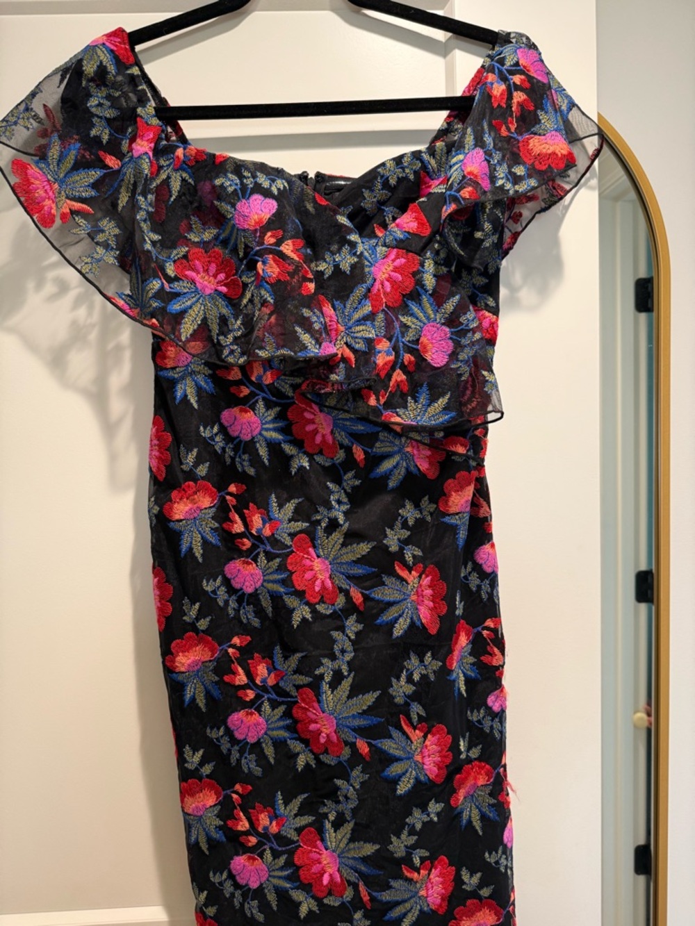 Sam Edelman Black Off-the-Shoulder Dress with Pink & Red Floral Embroidery